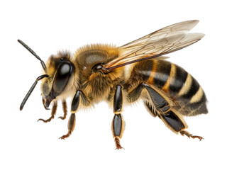 Honeybee, detailed side view. Isolated on black. Winged, striped body, antenna visible