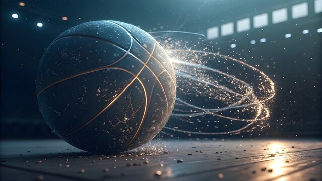 Futuristic basketball with data streams on a dark court