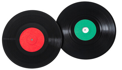 Pair of retro vinyl records with vibrant center labels, isolated on transparent background