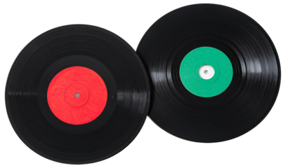 Pair of retro vinyl records with vibrant center labels, isolated on transparent background