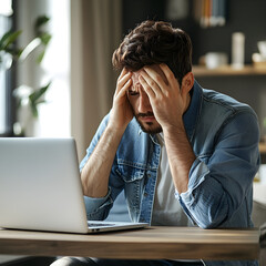 Stressed young man holding his head while working on a laptop at home