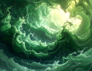 Swirling, fluid abstract art piece with shades of green and light