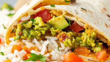 Burrito cut open with rice and guacamole spilling macro close-up