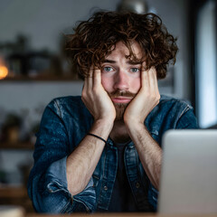 Worried young man holding his face while sitting in front of a laptop