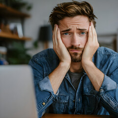 Worried young man holding his face while looking at a laptop