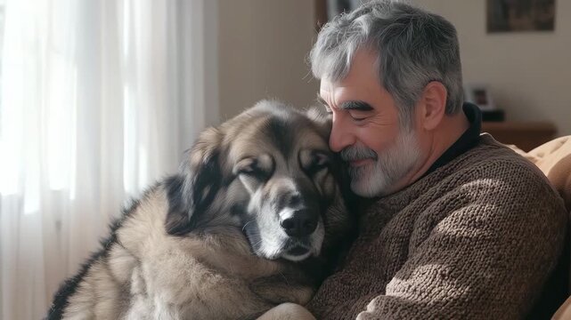 An older man relaxes on a couch, embracing a large dog that rests comfortably against him in a warm home atmosphere