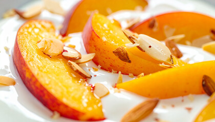 Yogurt with peach slices and toasted almond slivers, macro close-up