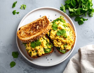 Top-down view of a plate with egg salad sandwiches and cilantro