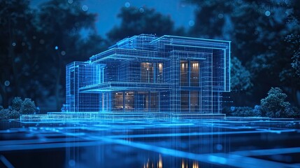 Futuristic architectural design showcasing a modern luxury home with innovative blue wireframe technology in a vibrant, digital environment for cutting edge projects