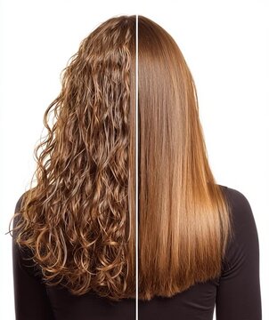 Une comparaison d'une vue arri&egrave;re d'une femme aux cheveux longs : le c&ocirc;t&eacute; gauche est mouill&eacute;, ondul&eacute; et d&eacute;coiff&eacute;, tandis que le c&ocirc;t&eacute; droit est sec, lisse et coiff&eacute;