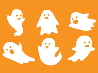 Six white cartoon ghosts with different expressions on an orange background, creating a spooky and festive Halloween illustration.