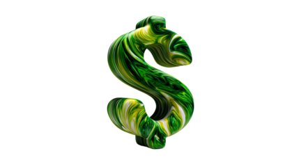 Green Dollar Symbol: An artistic rendering of a dollar sign, infused with a vibrant green and white marbling effect, represents prosperity and financial concepts.