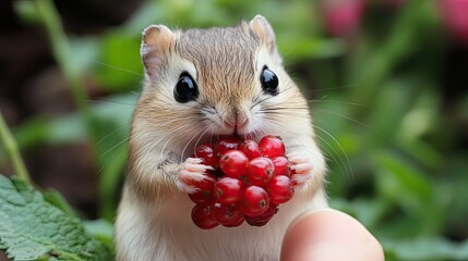 Adorable chipmunk enjoying ripe red berries in summer garden sunlight, a charming moment of nature's beauty and simple joy, perfect for heartwarming stories