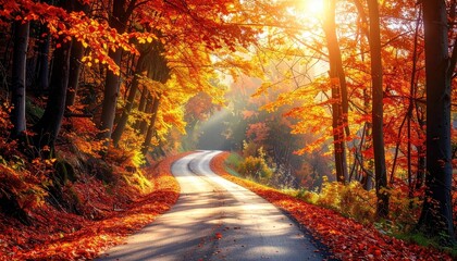 Obraz premium Autumn Road Winding Through Vibrant Forest