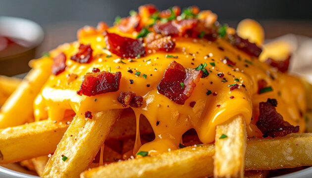 loaded chili cheese fries with bacon bits, macro close up