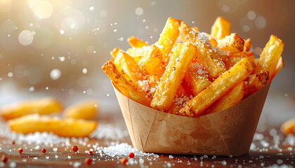 Crispy French fries served in paper cone with sparkling salt macro