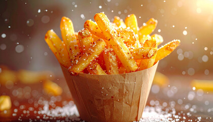 Crispy French fries in paper cone with sparkling salt crystals, close-up