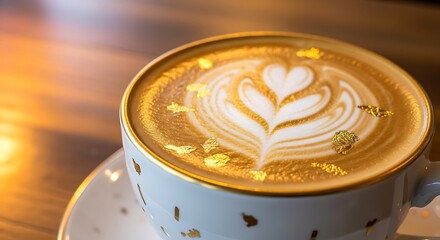 Exquisite Latte Art Coffee Cup on Wooden Table with Gold Accents.