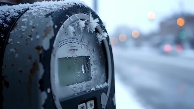 Snow-covered parking meter with frost and raindrops, captured in a series of frames showcasing gradual zoom in on the meter, revealing intricate details and winter ambiance in urban setting