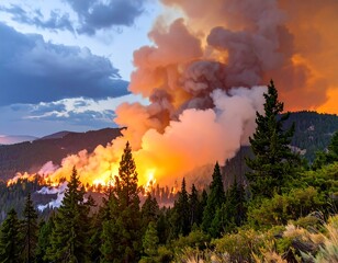 Wildfire blazing across a forested mountain range, sunset lighting sky