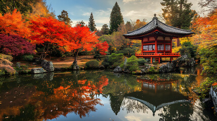 Fototapeta premium Serenity in Autumn: A Vibrnt Tapestry of Fall Foliag Reflecting in Tranquil Waers