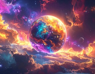 Vibrant celestial orb surrounded by swirling colorful cosmic clouds