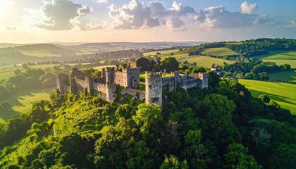 Aerial View of Stone Castle Ruins in Lush Green Landscape at Sunset