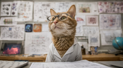 Cats with glasses and lab coats sit at desks, surrounded by scientific papers, and walls are covered with scientific drawings, creating an academic atmosphere.