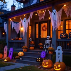 Halloween doorway decoration with balloons and pumpkins