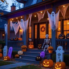Halloween doorway decoration with balloons and pumpkins