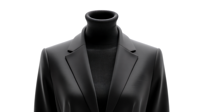 Elegance in the details: A studio shot of a chic black suit is set off by a black turtleneck, exuding sophistication and style. The composition focuses on the details and textures of the apparel.