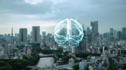 Digital brain hologram floating over cityscape representing artificial intelligence - Powered by Adobe