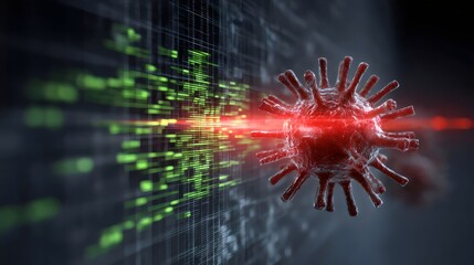 A digitally rendered virus model with spikes, set against a futuristic data visualization backdrop, illustrating the impact of viruses on data.