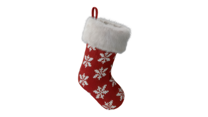 Festive red christmas stocking with white snowflake pattern and fluffy white trim isolated on transparent background