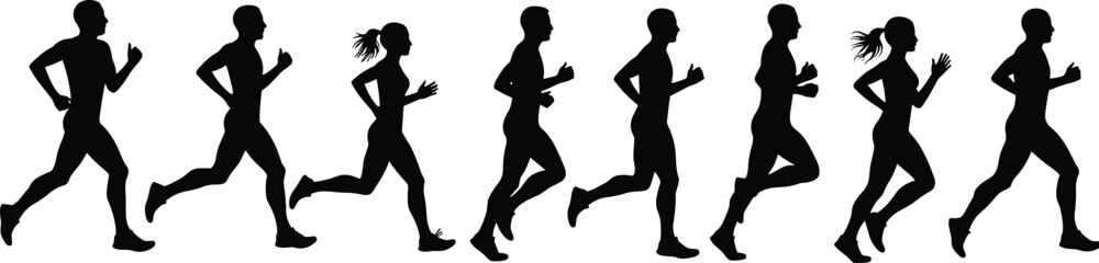 Silhouettes of running people in motion showing jogging activity, athletic exercise, marathon training, healthy lifestyle and outdoor fitness workout