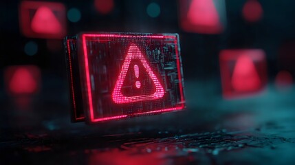 A vibrant red alert symbol glows against a dark, high-tech background, conveying urgency and caution.