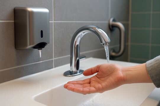 Hand washing under faucet next to automatic soap dispenser in a public restroom.