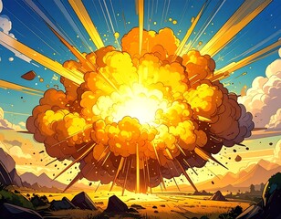 Vibrant illustration of a massive orange explosion in a sunny, open sky