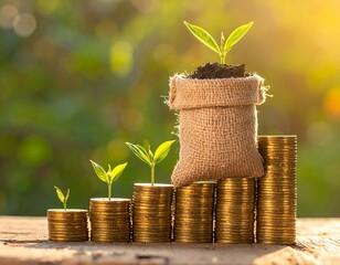 Young plants sprout atop growing stacks of coins, investment concept