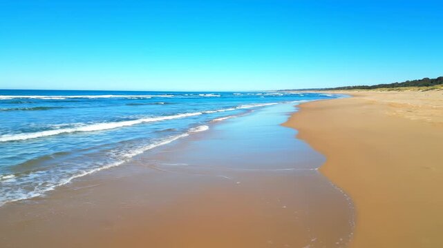 Majestic high-angle wide shot capturing the intricate dance of the ocean tide pushing and pulling along a curved sandy coastline, under a bright, clear sky abstract, elemental, expansive