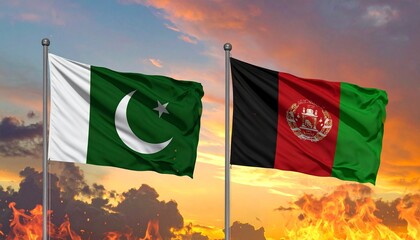 Flags of Pakistan and Afghanistan side by side with flames and smoke in background, symbolizing conflict and tension.