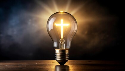 Light bulb on a dark background with the symbol of Christianity.