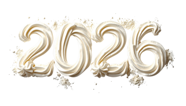 Happy New Year concept, 2026 written with whipped cream isolated on transparent background
