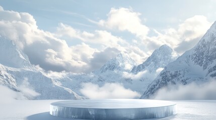 Ice platform, snowy mountain backdrop, winter scene, product display