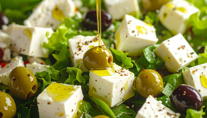 Greek salad with feta cubes, olives, and olive oil drizzle, macro texture