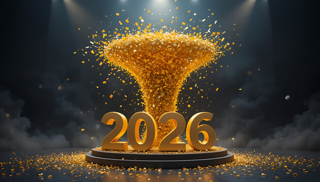 Golden trophy with the year 2026 on a stage with confetti falling down