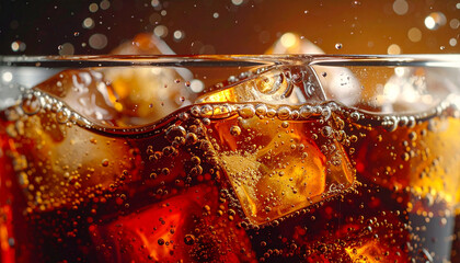 Ice cubes falling into glass of cola, macro splash
