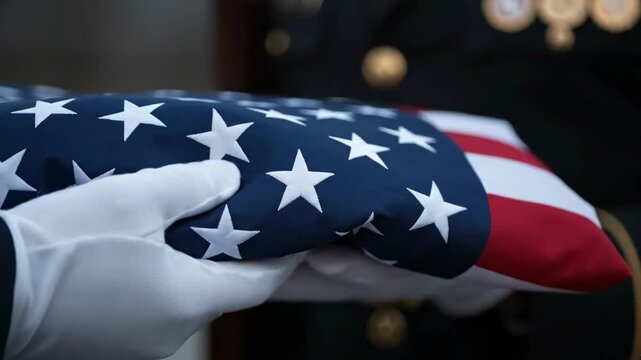 A military honor guard with white gloves respectfully holds a carefully folded American flag during a solemn ceremony perfect for a funeral tribute or Memorial Day observance