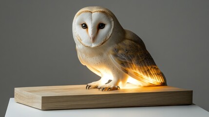Lighted owl figure on wood base, plain background. Display piece, decor element