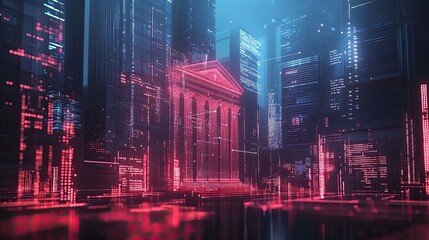 Futuristic financial district with glowing bank architecture in vibrant city, perfect for illustrating cutting-edge fintech, blockchain, or digital asset themes